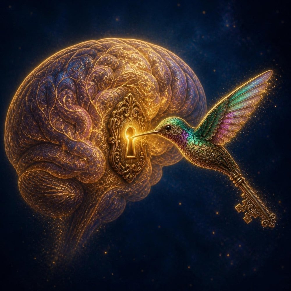 A hummingbird with a gold key unlocking a glowing brain