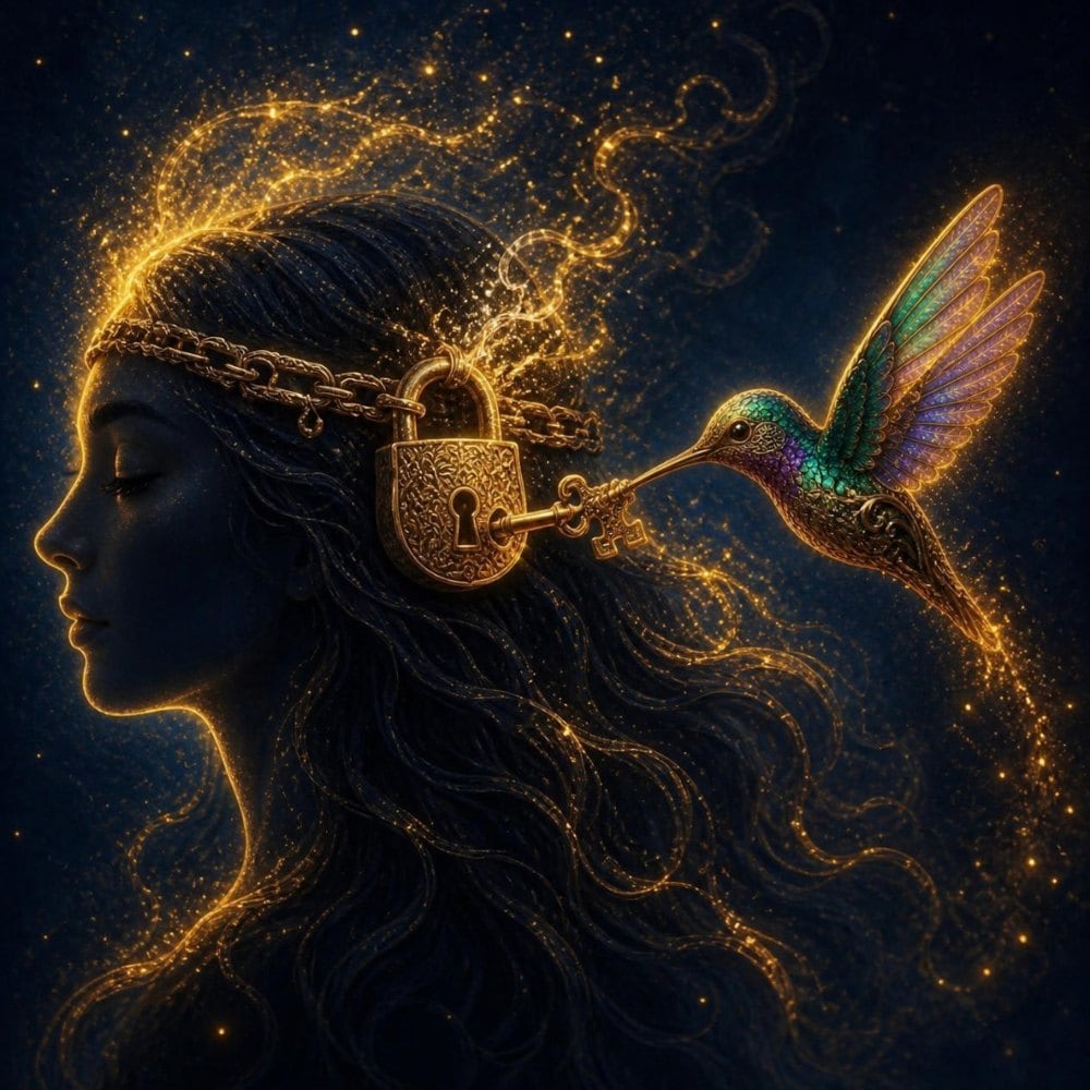 A woman in peaceful profile as a hummingbird turns a gold key in a lock, unlocking the mind