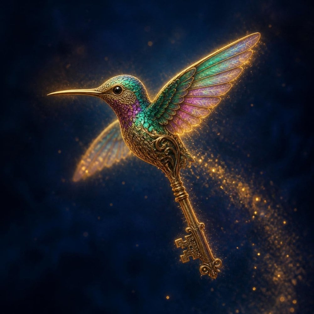 Lisa Watson's gold hummingbird with a key, the symbol of the Unlocking the Mind to Freedom Series